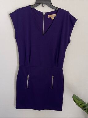 Michael Kors Deep Purple V-Neck Cap Sleeve Mini Dress with Zip Accents